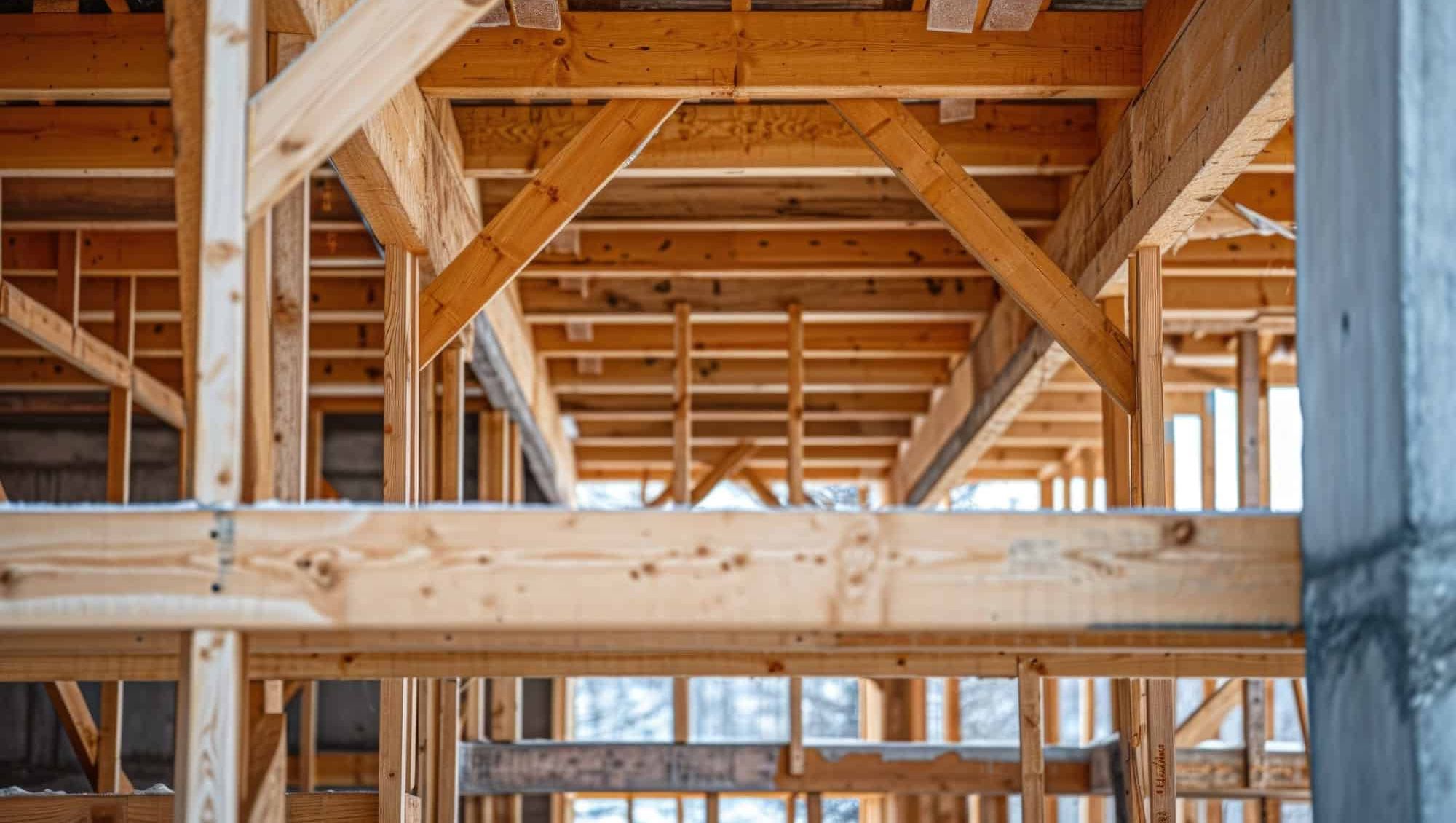Synlige trebjelker i reisverk på en bolig under oppføring.